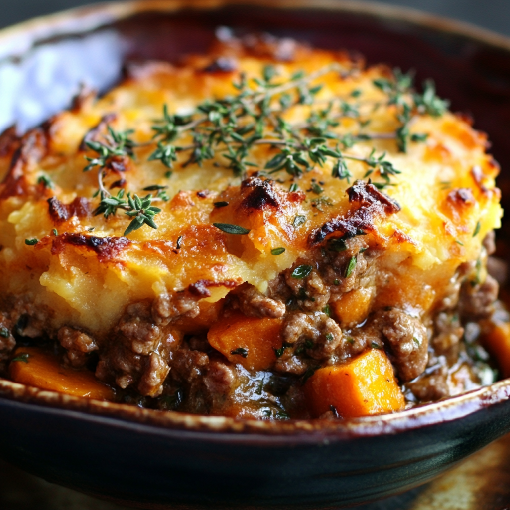 Savory Ground Lamb Shepherd’s Pie with Creamy Sweet Potato Mash served hot