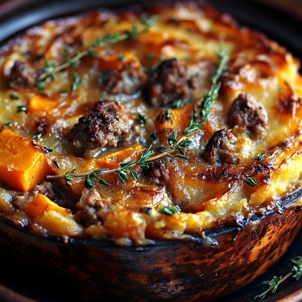 Savory Ground Lamb Shepherd’s Pie with Creamy Sweet Potato Mash served hot
