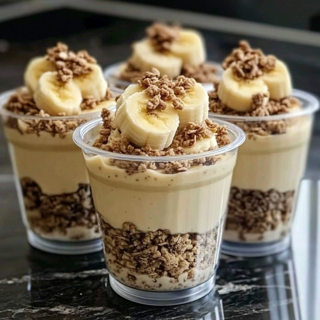 High-protein banana pudding with yogurt and banana slices
