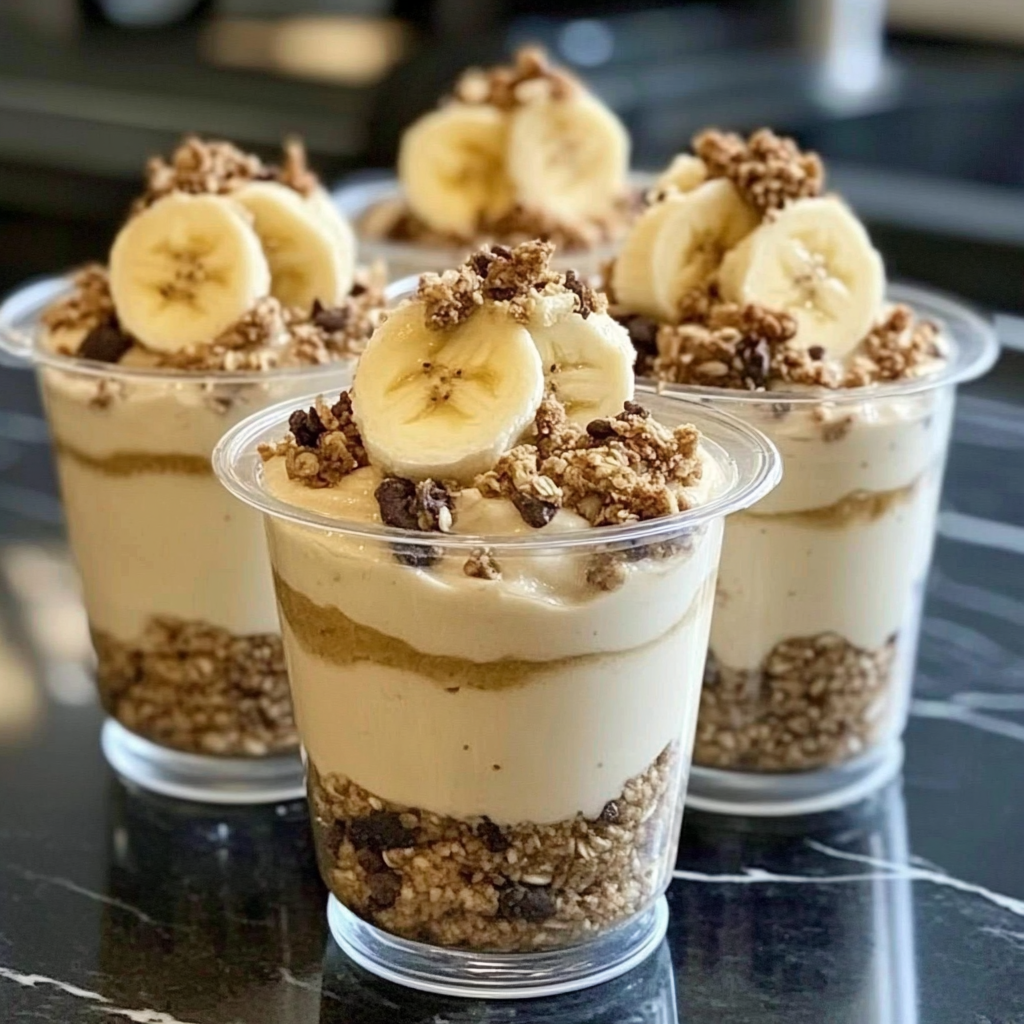High-protein banana pudding with yogurt and banana slices