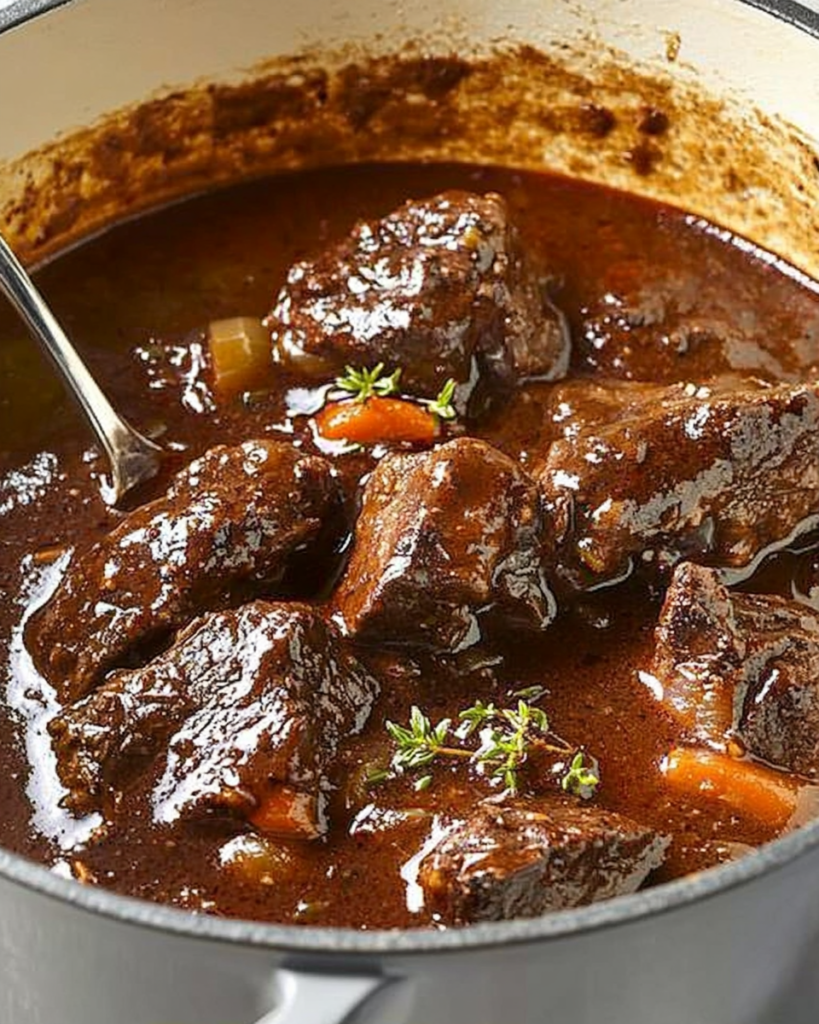 Bowl of Classic French Beef Bourguignon in Red Wine Sauce with fresh parsley garnish