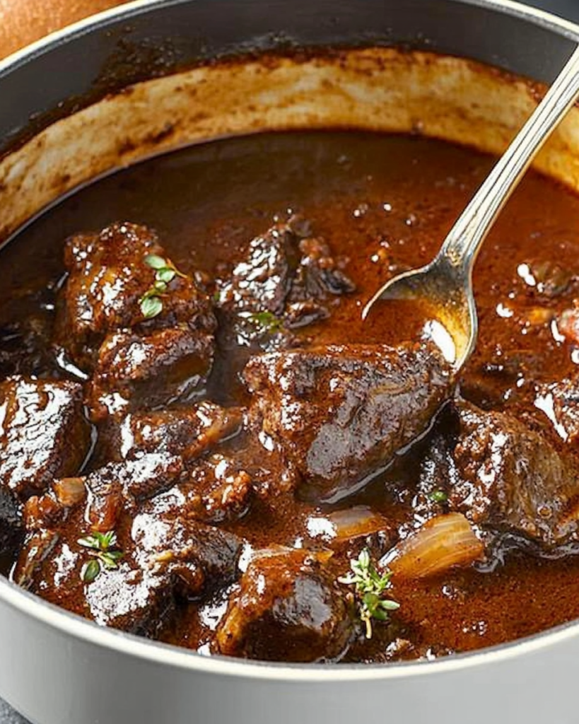 Bowl of Classic French Beef Bourguignon in Red Wine Sauce with fresh parsley garnish