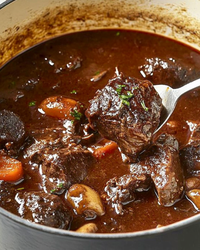 Bowl of Classic French Beef Bourguignon in Red Wine Sauce with fresh parsley garnish