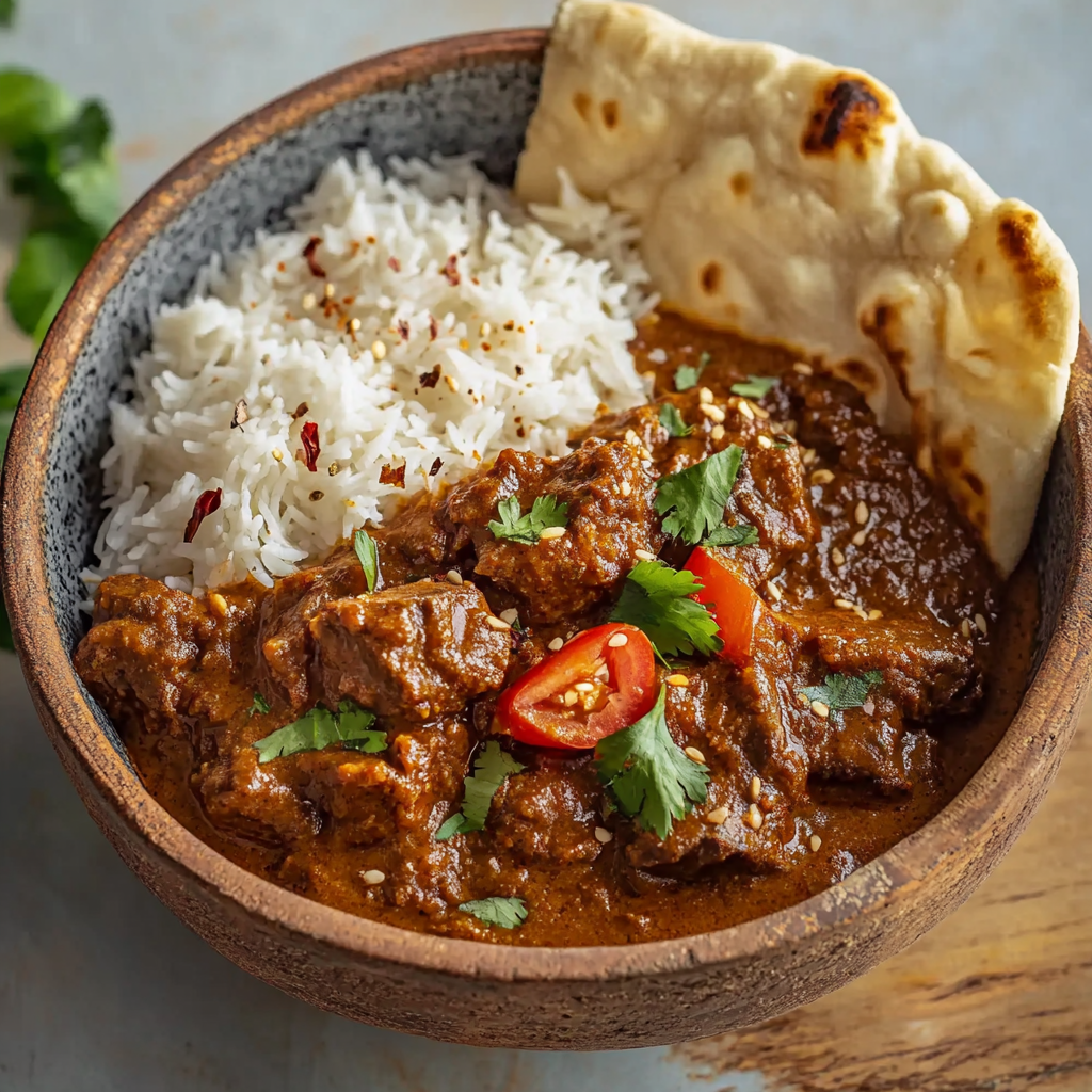 Creamy slow-cooked beef in coconut curry with rice and garlic naan