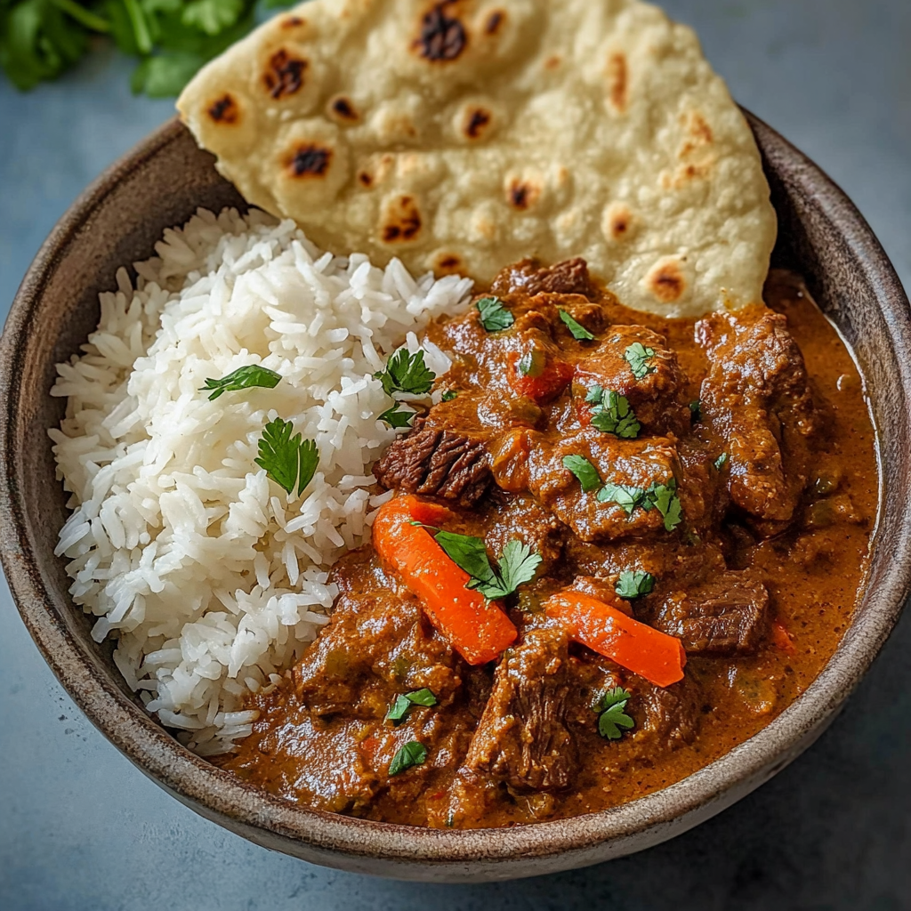 Creamy slow-cooked beef in coconut curry with rice and garlic naan