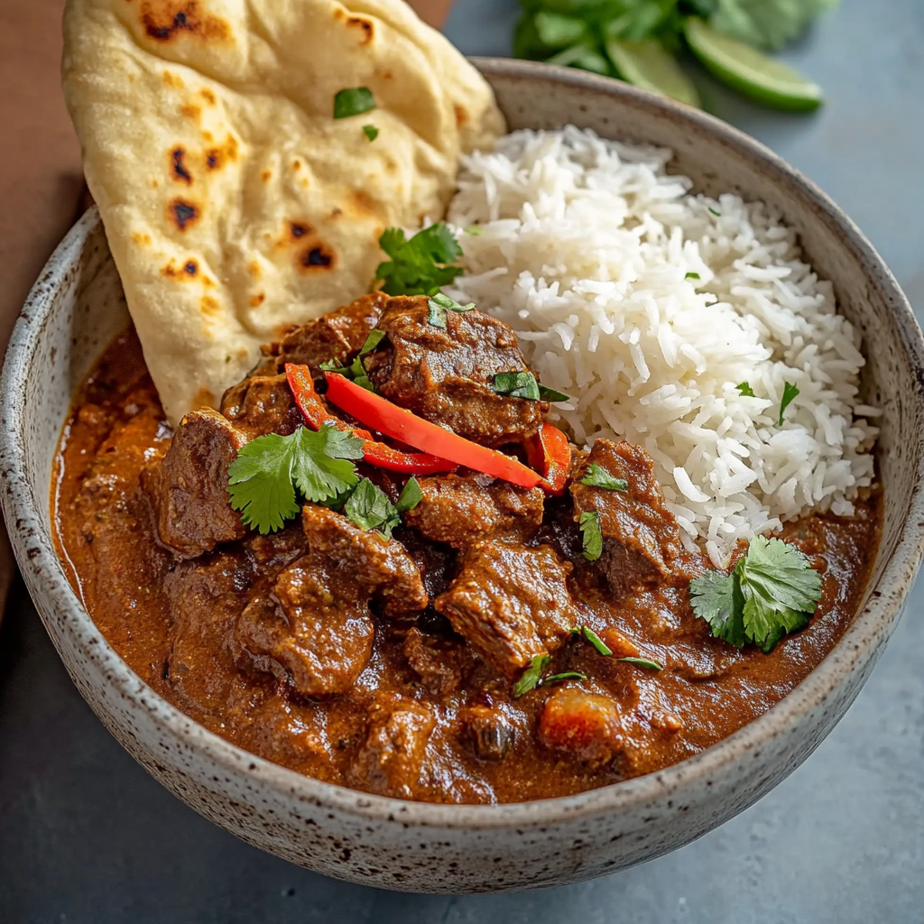 Creamy slow-cooked beef in coconut curry with rice and garlic naan