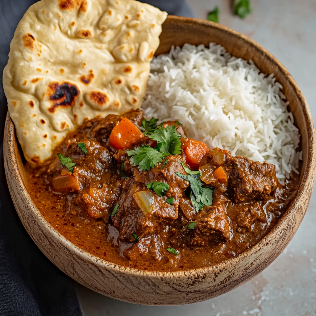 Creamy slow-cooked beef in coconut curry with rice and garlic naan