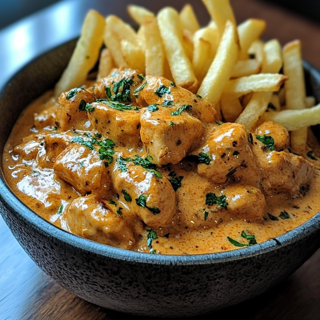 Velvety butter chicken with golden fries and tomato garlic cream