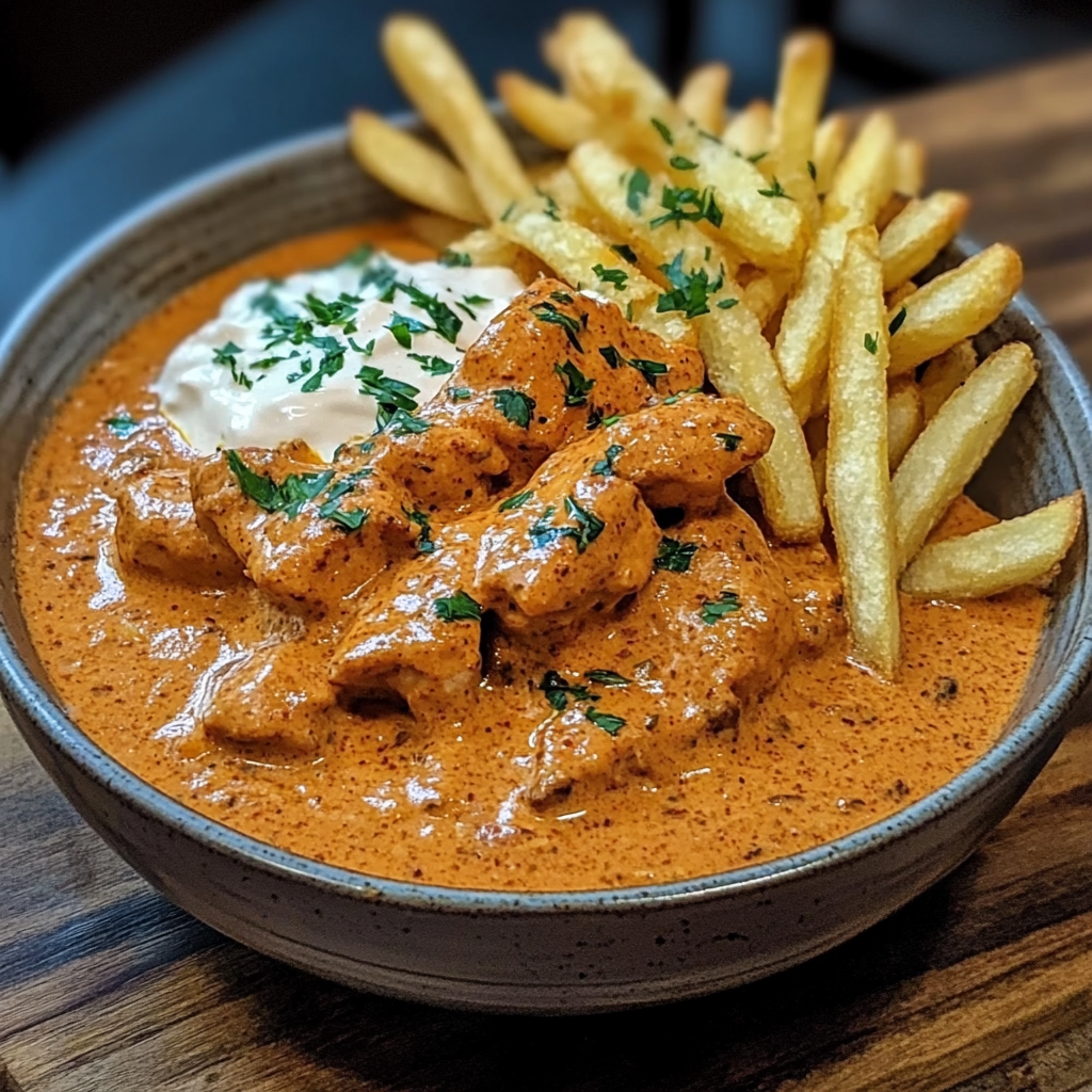 Velvety butter chicken with golden fries and tomato garlic cream