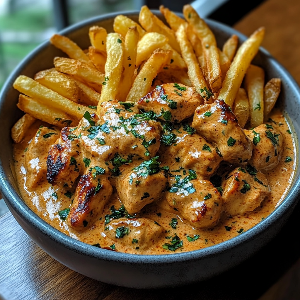 Velvety butter chicken with golden fries and tomato garlic cream