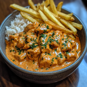 Velvety butter chicken with golden fries and tomato garlic cream