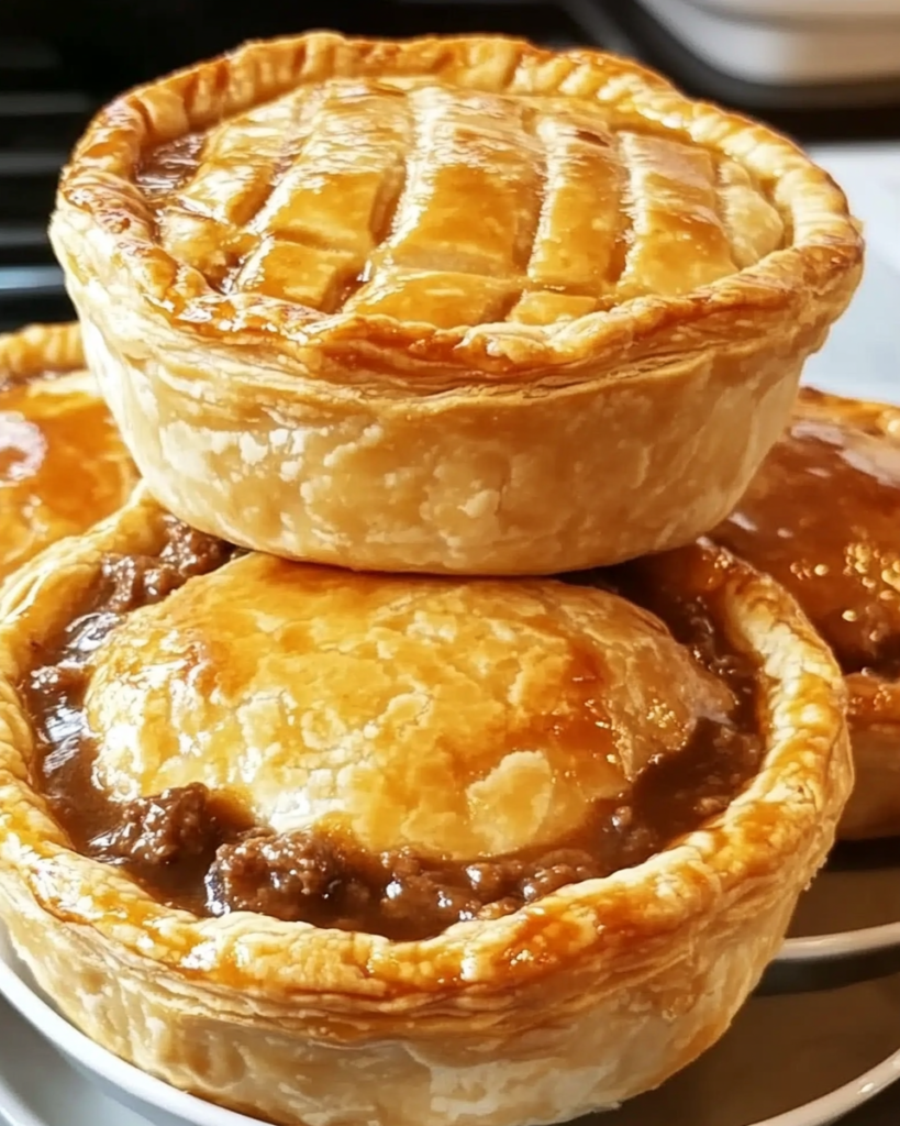 Golden Aussie-style meat pie with flaky pastry and rich beef gravy on a white plate.