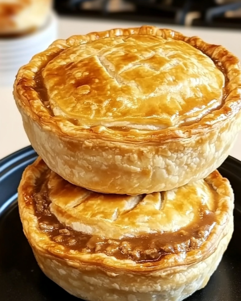 Golden Aussie-style meat pie with flaky pastry and rich beef gravy on a white plate.