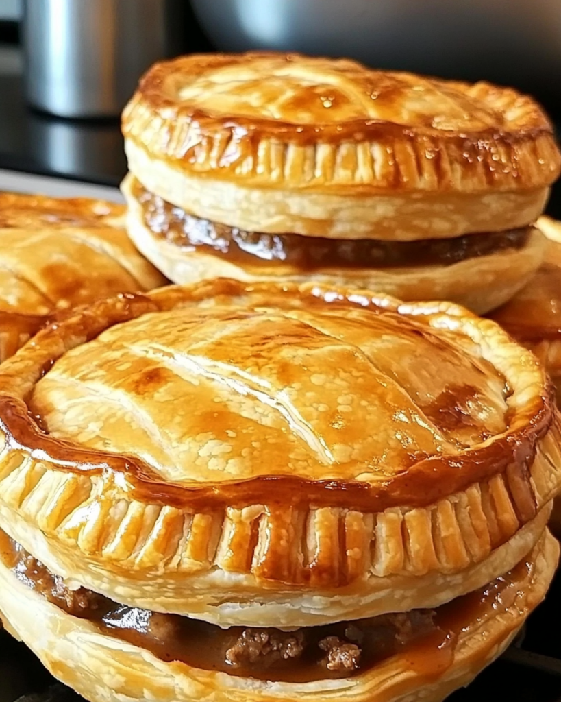 Golden Aussie-style meat pie with flaky pastry and rich beef gravy on a white plate.