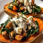 Stuffed sweet potatoes filled with spinach, mushrooms, and feta, drizzled with lemon garlic yogurt sauce on a rustic plate.