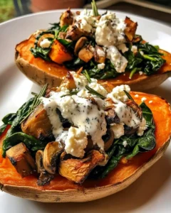 Stuffed sweet potatoes filled with spinach, mushrooms, and feta, drizzled with lemon garlic yogurt sauce on a rustic plate.