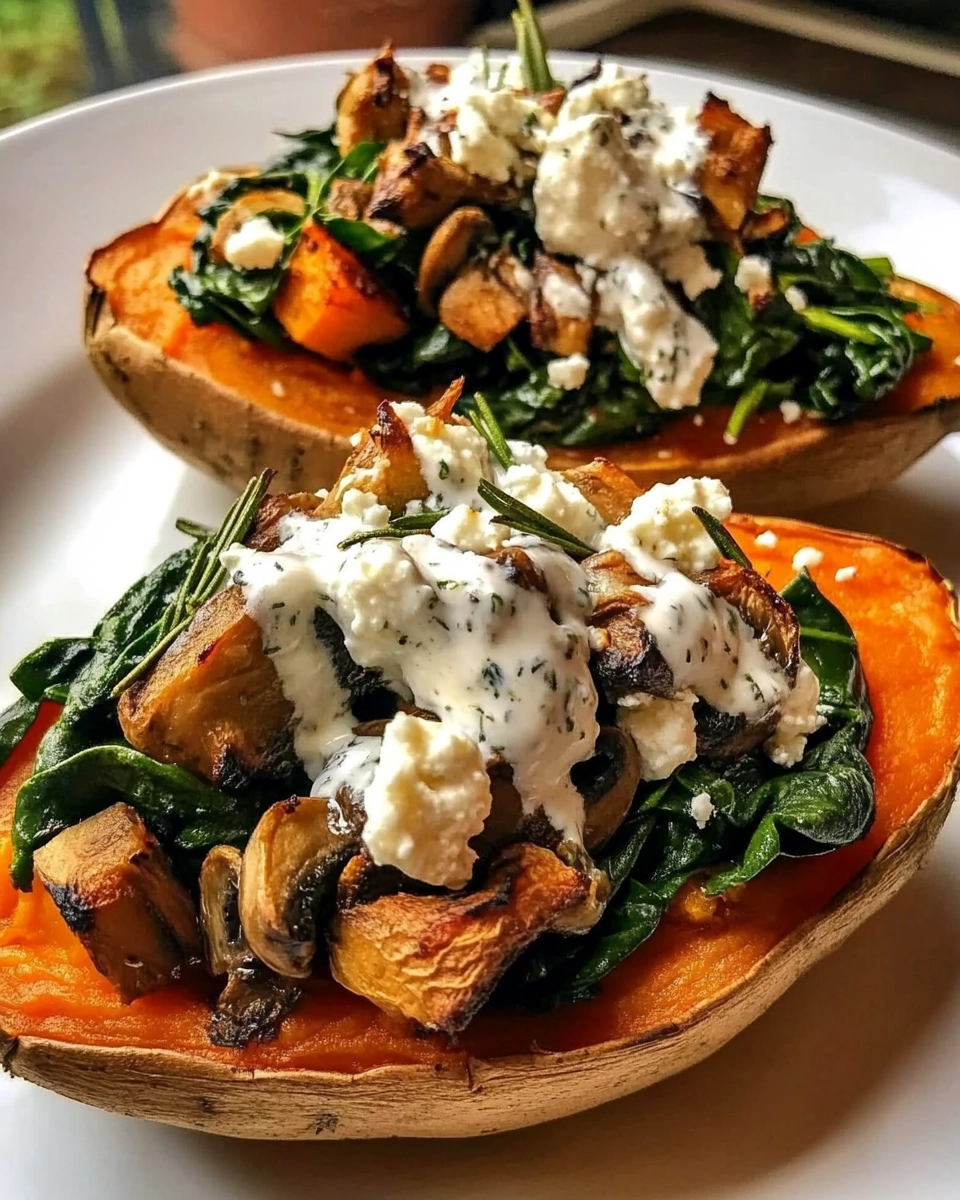 Stuffed sweet potatoes filled with spinach, mushrooms, and feta, drizzled with lemon garlic yogurt sauce on a rustic plate.