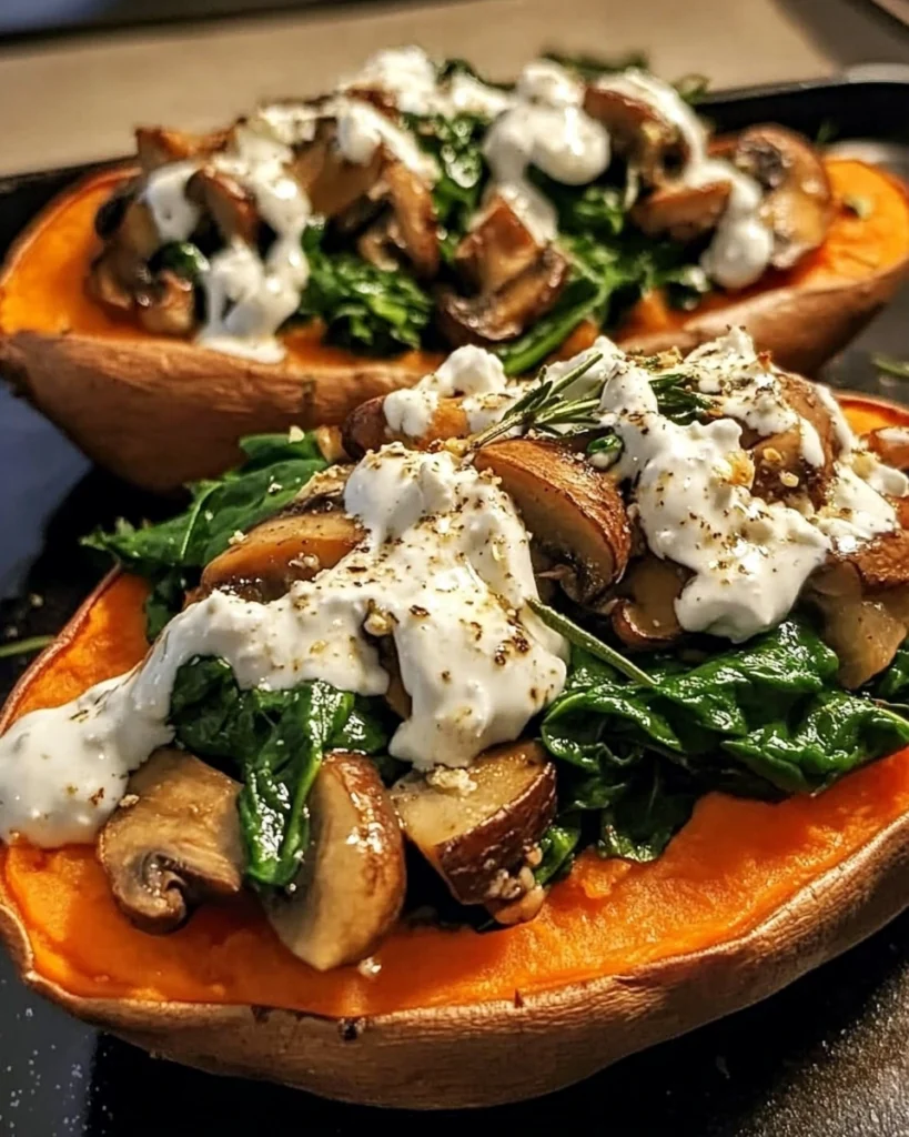 Stuffed sweet potatoes filled with spinach, mushrooms, and feta, drizzled with lemon garlic yogurt sauce on a rustic plate.