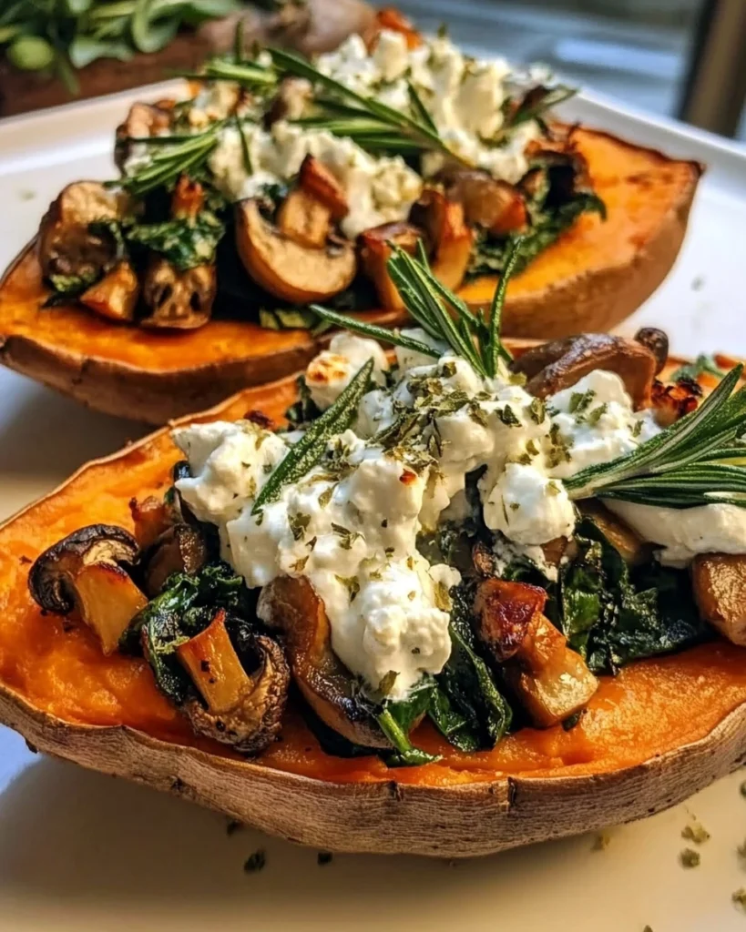 Stuffed sweet potatoes filled with spinach, mushrooms, and feta, drizzled with lemon garlic yogurt sauce on a rustic plate.