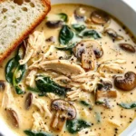 Creamy rotisserie chicken and mushroom soup with fresh spinach and thyme served in a white bowl
