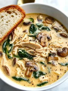 Creamy rotisserie chicken and mushroom soup with fresh spinach and thyme served in a white bowl