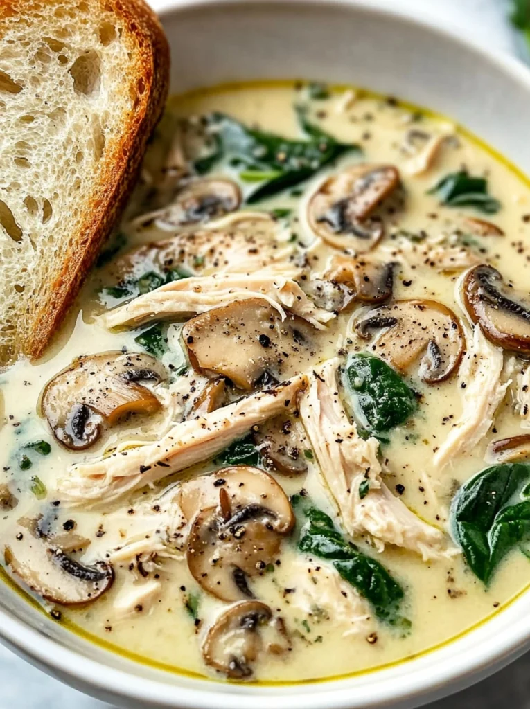 Creamy rotisserie chicken and mushroom soup with fresh spinach and thyme served in a white bowl