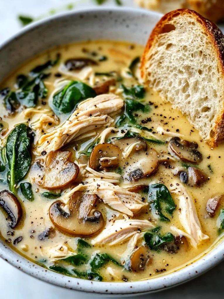 Creamy rotisserie chicken and mushroom soup with fresh spinach and thyme served in a white bowl