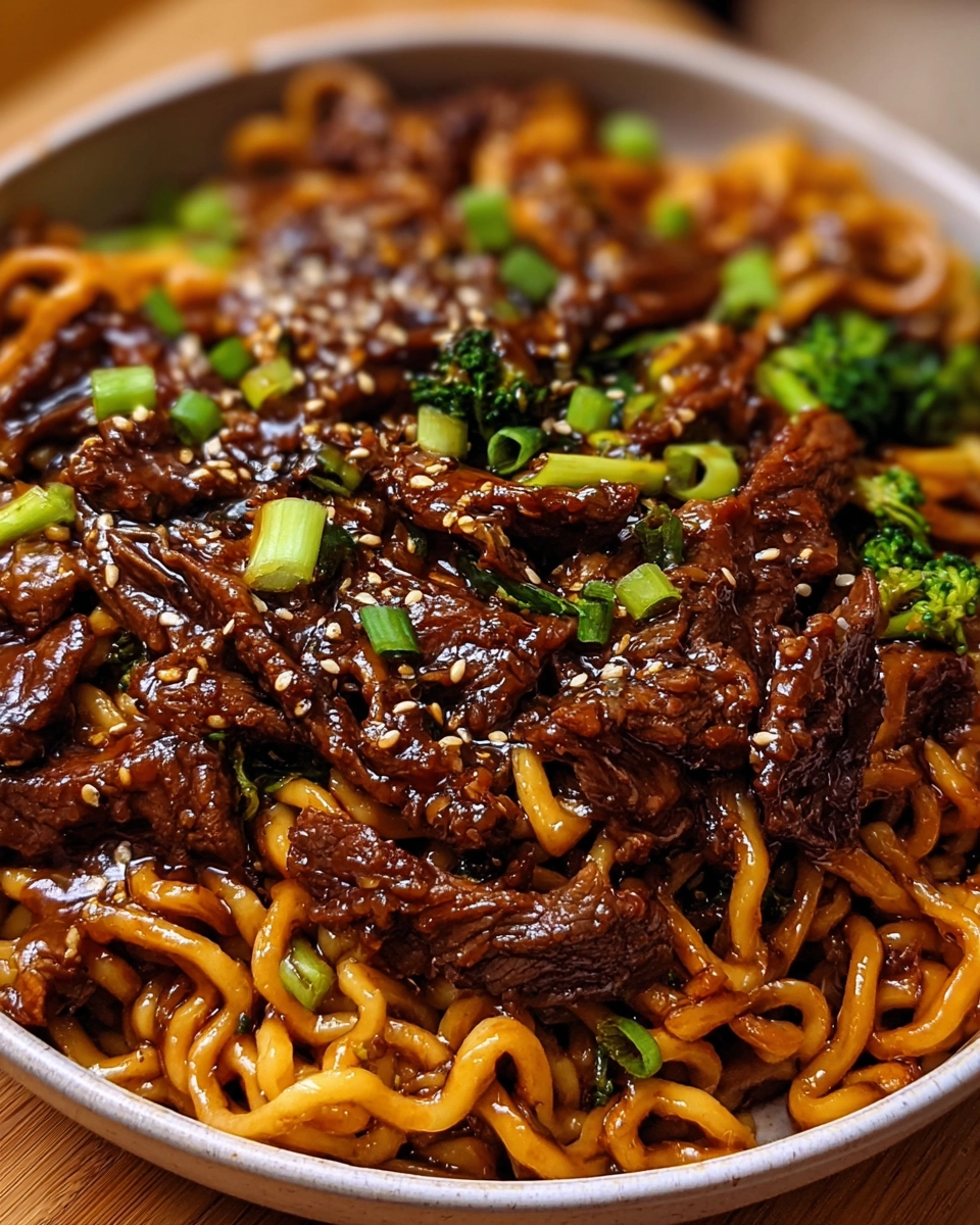 Sticky soy-garlic beef stir fry with vibrant vegetables and noodles in a white bowl Title: Sticky Soy-Garlic Beef Stir Fry