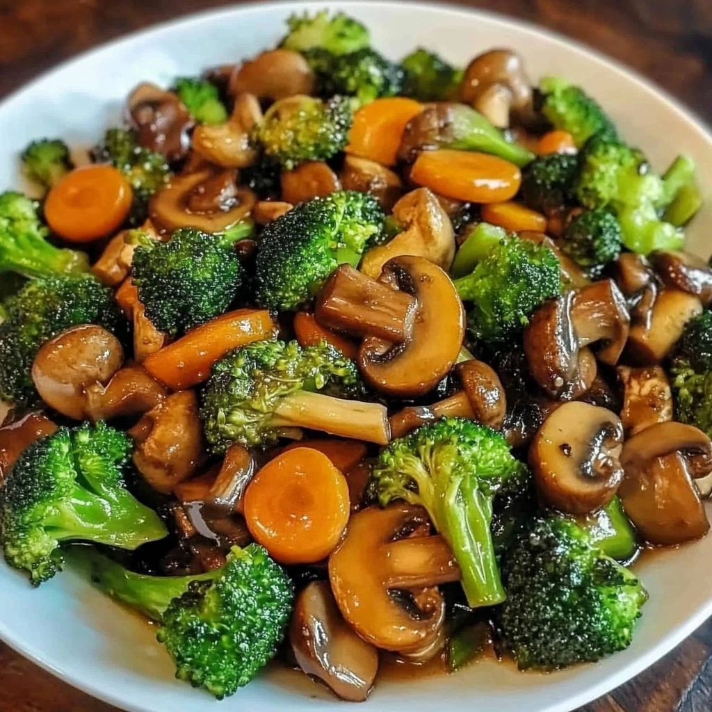 Broccoli, Carrot, and Mushroom Stir-Fry Overhead