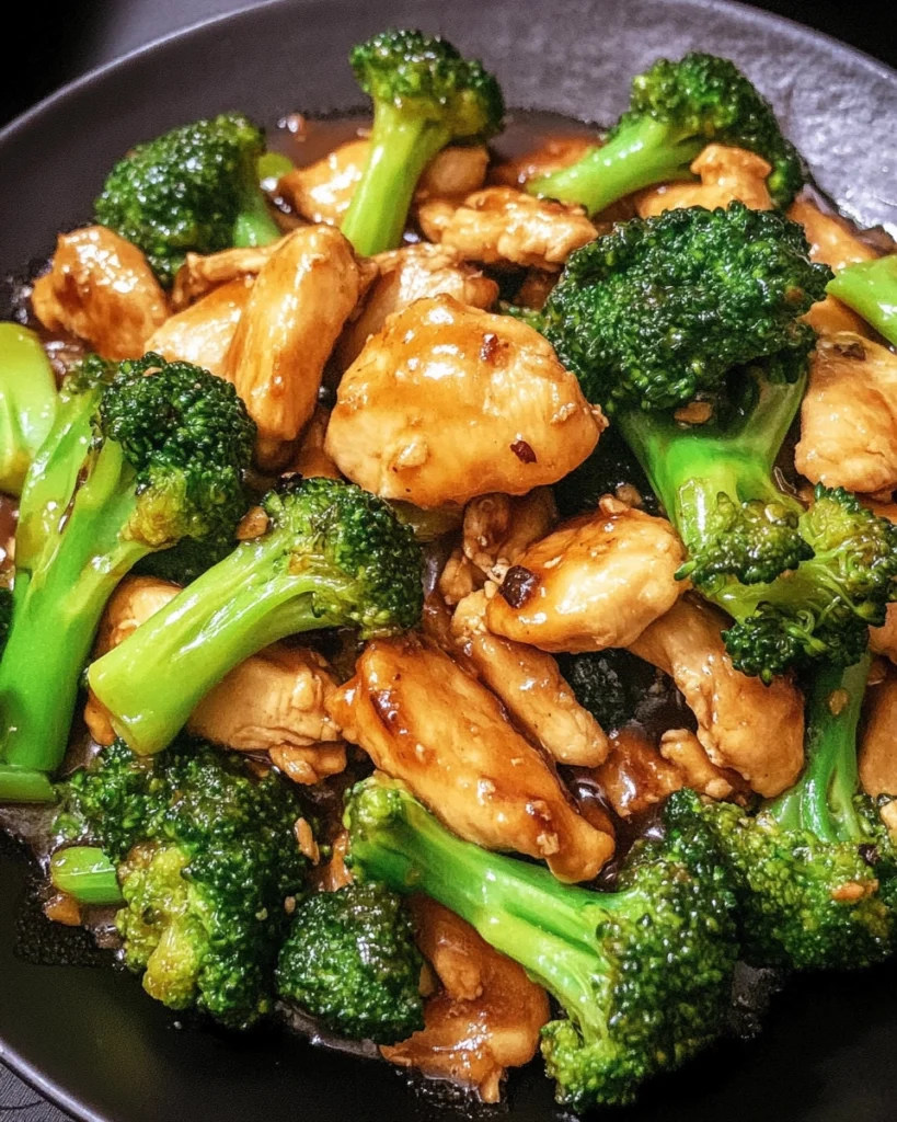 Savory stir-fried tender chicken with crisp broccoli in garlic soy glaze served in a white ceramic bowl