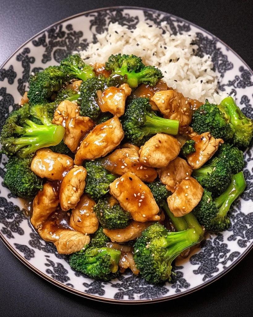 Savory stir-fried tender chicken with crisp broccoli in garlic soy glaze served in a white ceramic bowl