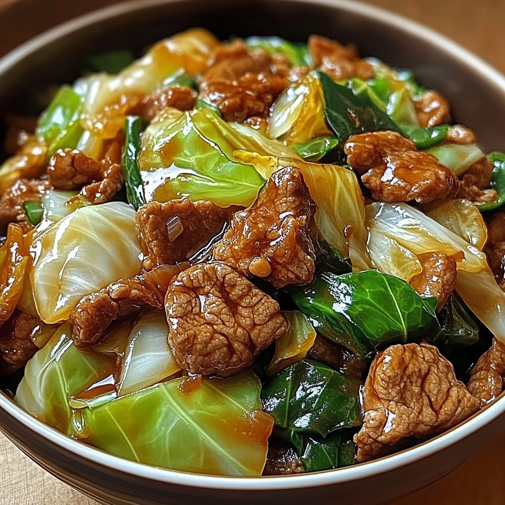 Simple beef and cabbage stir-fry served in a white bowl with garlic soy glaze.