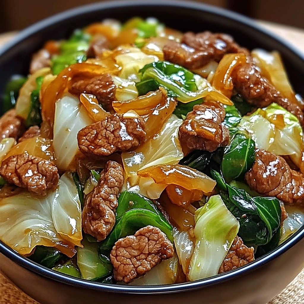Simple beef and cabbage stir-fry served in a white bowl with garlic soy glaze.