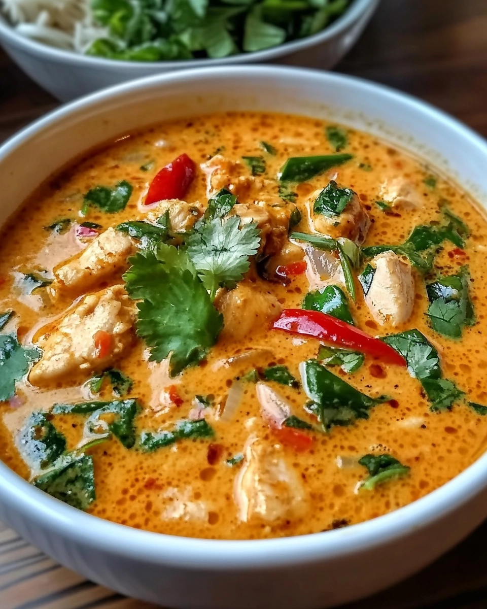 Creamy Thai coconut curry chicken with vegetables served in a white bowl