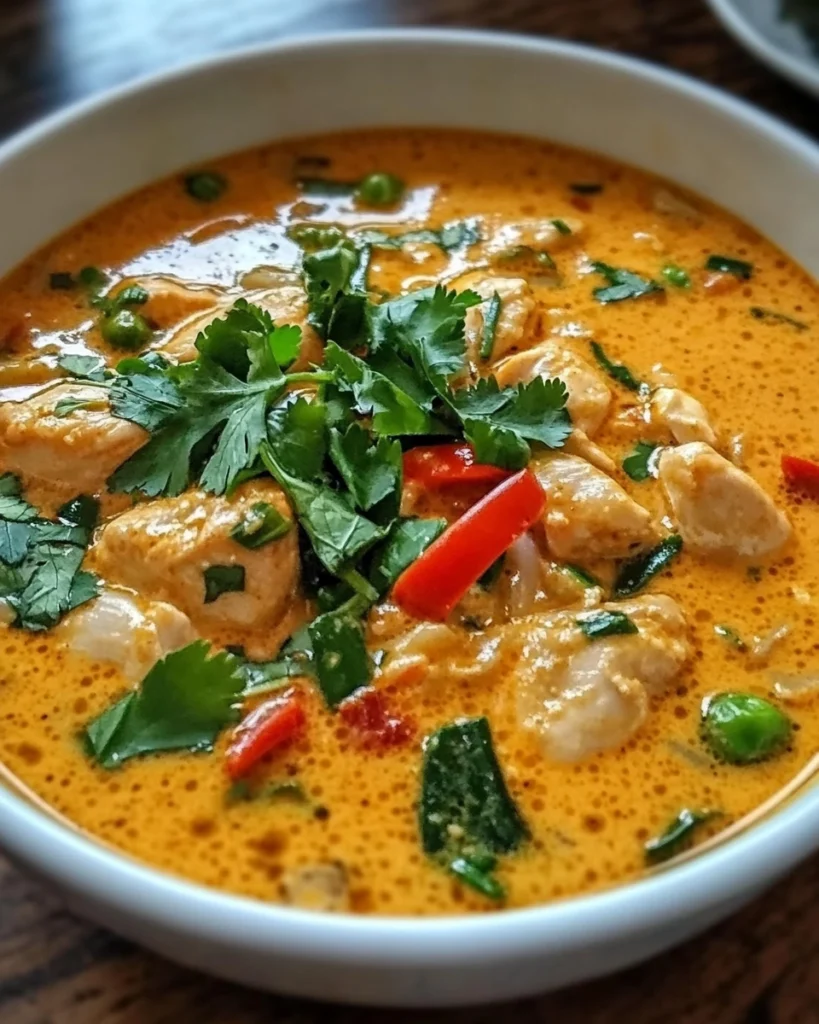 Creamy Thai coconut curry chicken with vegetables served in a white bowl