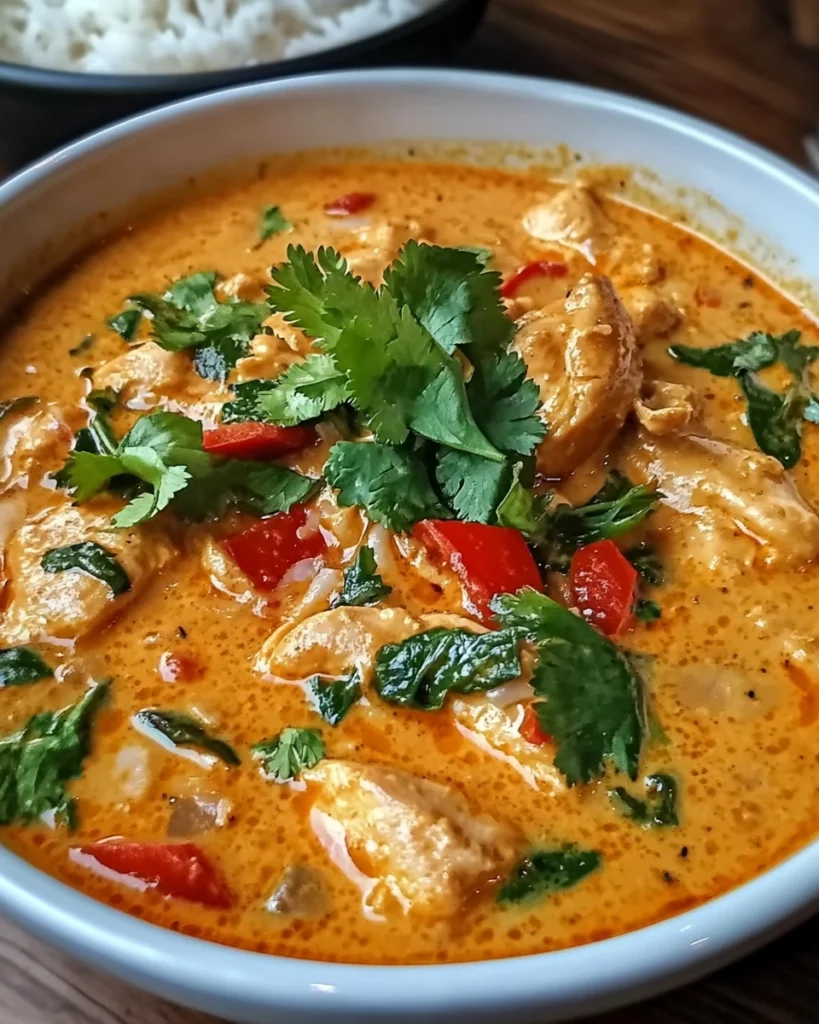 Creamy Thai coconut curry chicken with vegetables served in a white bowl