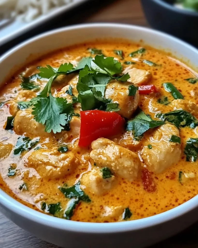 Creamy Thai coconut curry chicken with vegetables served in a white bowl