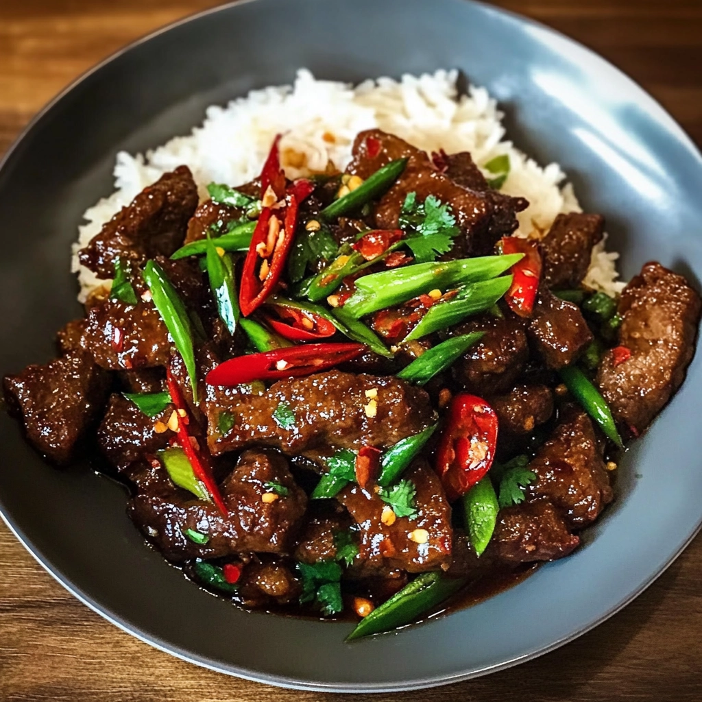 Fiery Thai beef stir-fry with chilies, garlic, and basil served with jasmine rice