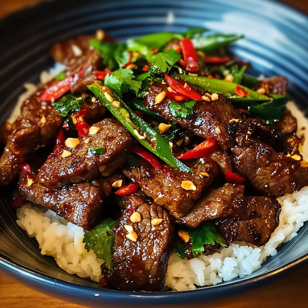 Fiery Thai beef stir-fry with chilies, garlic, and basil served with jasmine rice