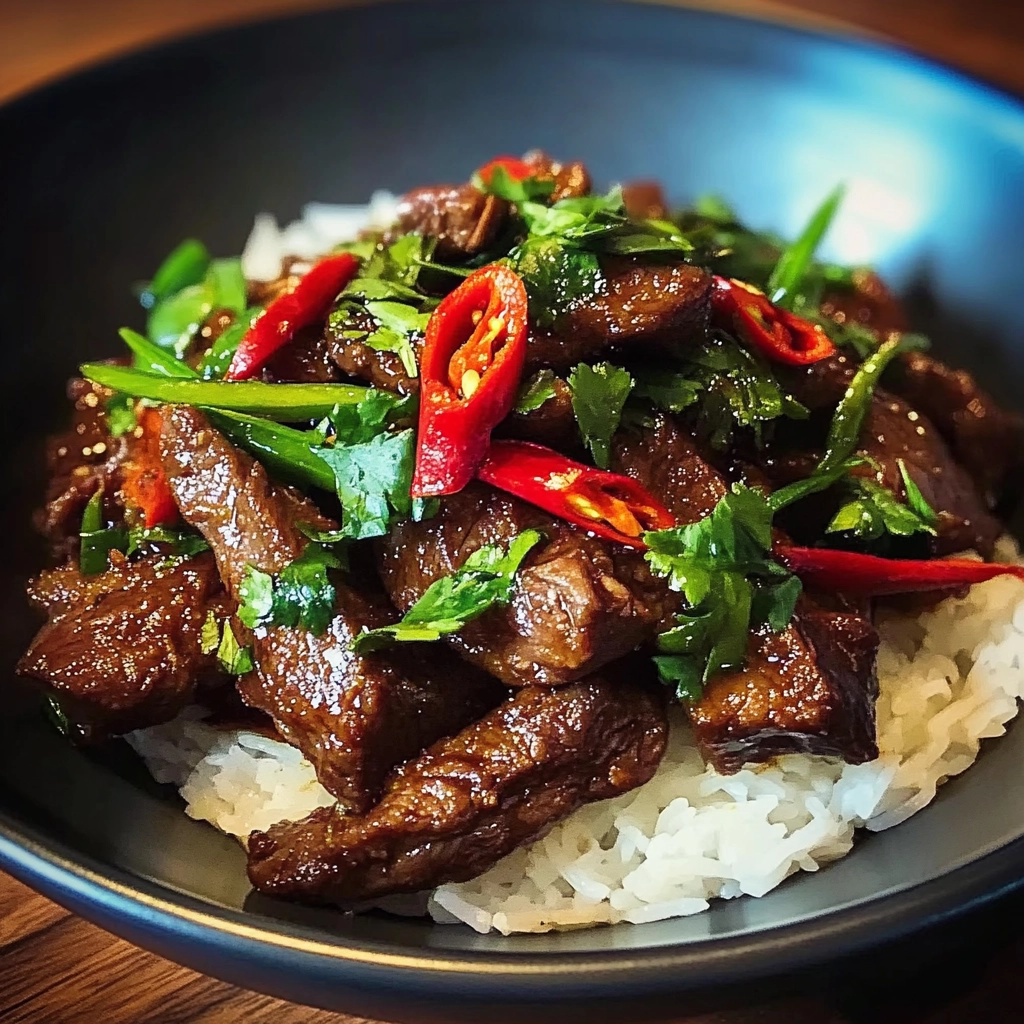 Fiery Thai beef stir-fry with chilies, garlic, and basil served with jasmine rice