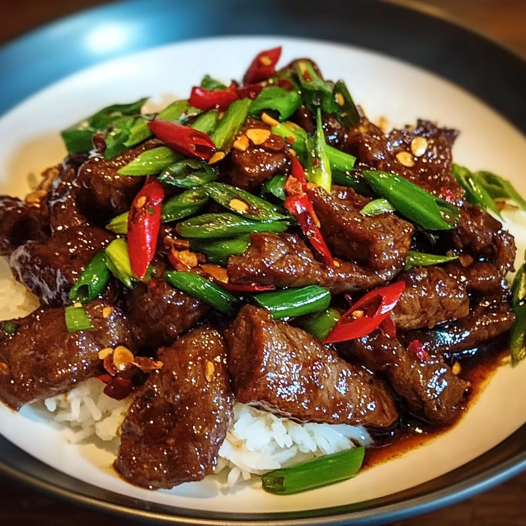 Fiery Thai beef stir-fry with chilies, garlic, and basil served with jasmine rice