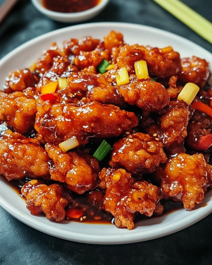Savory crispy Dragon Chicken coated in spicy Indo-Chinese sauce with bell peppers and spring onions