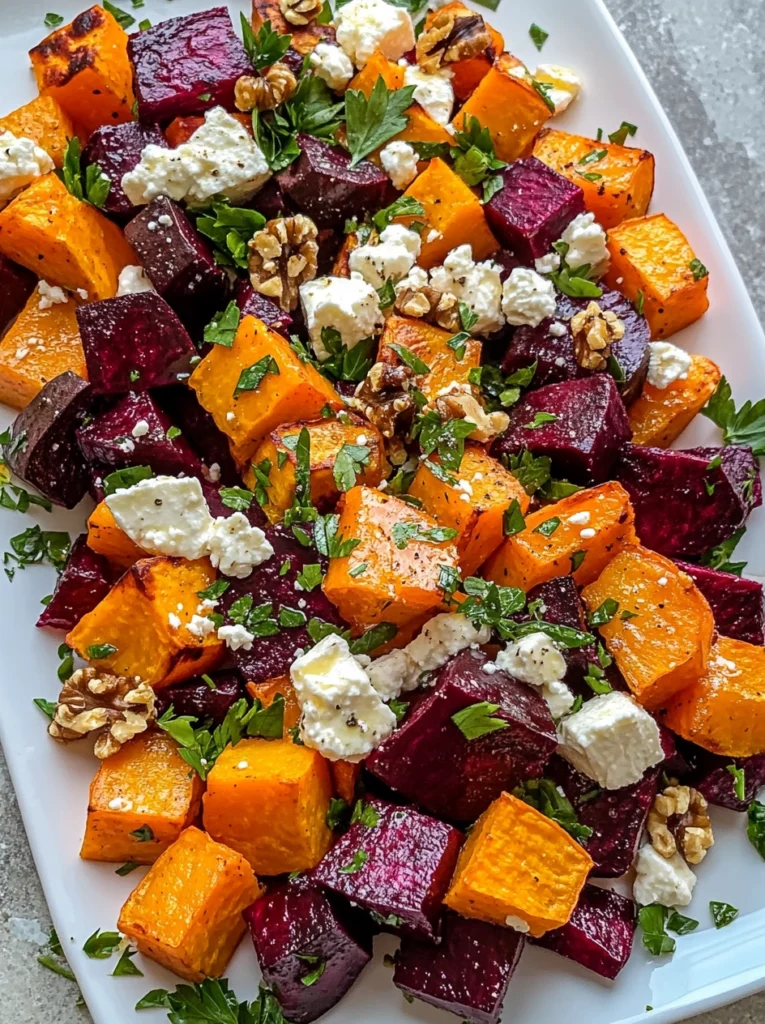 Colorful roasted beet and sweet potato salad topped with feta, parsley, and creamy yogurt dressing.