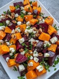 Colorful roasted beet and sweet potato salad topped with feta, parsley, and creamy yogurt dressing.