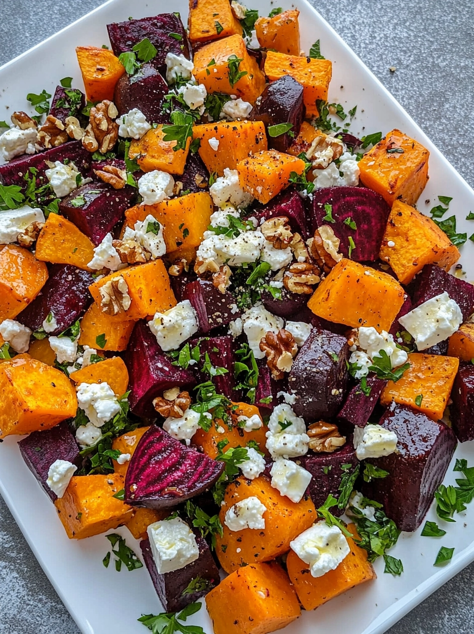 Colorful roasted beet and sweet potato salad topped with feta, parsley, and creamy yogurt dressing.