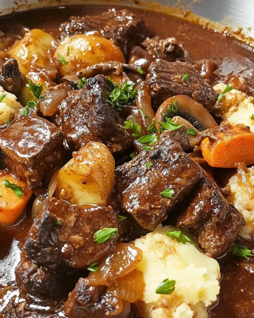 Slow-Braised Beef Bourguignon with golden garlic-butter smashed potatoes in a rustic pot.