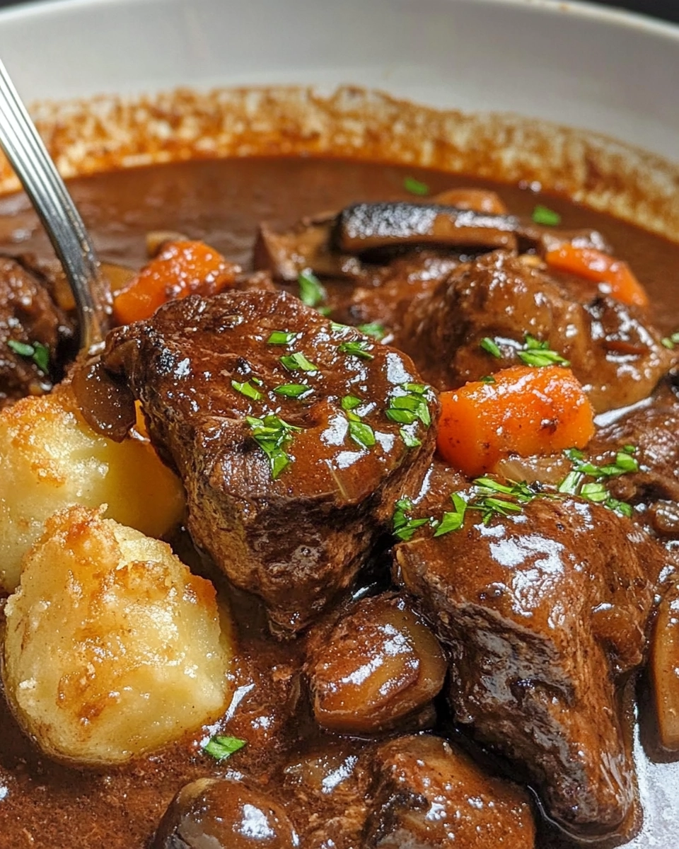 Slow-Braised Beef Bourguignon with golden garlic-butter smashed potatoes in a rustic pot.