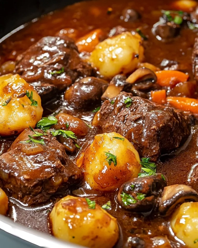 Slow-Braised Beef Bourguignon with golden garlic-butter smashed potatoes in a rustic pot.