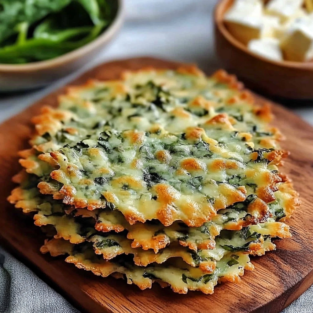Mediterranean Spinach and Feta Crisps served with tzatziki and lemon wedge