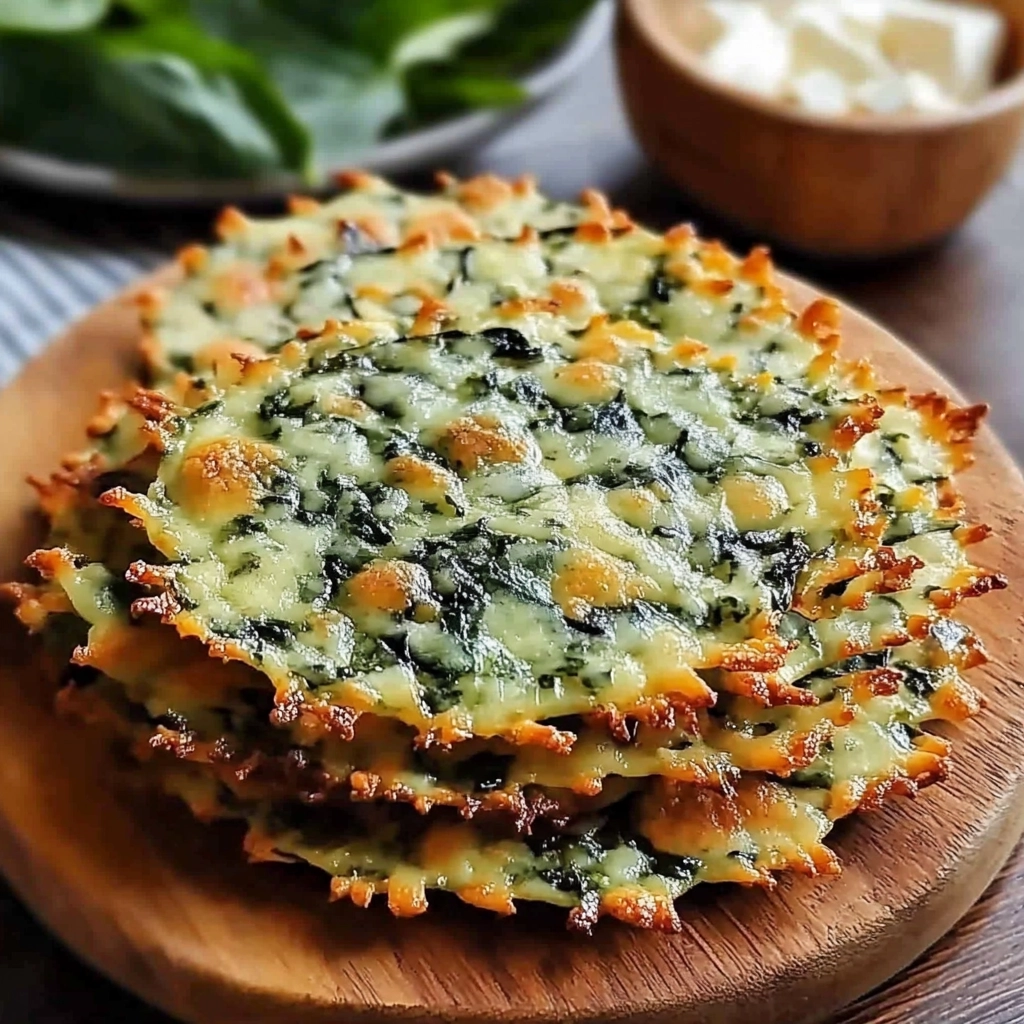 Mediterranean Spinach and Feta Crisps served with tzatziki and lemon wedge